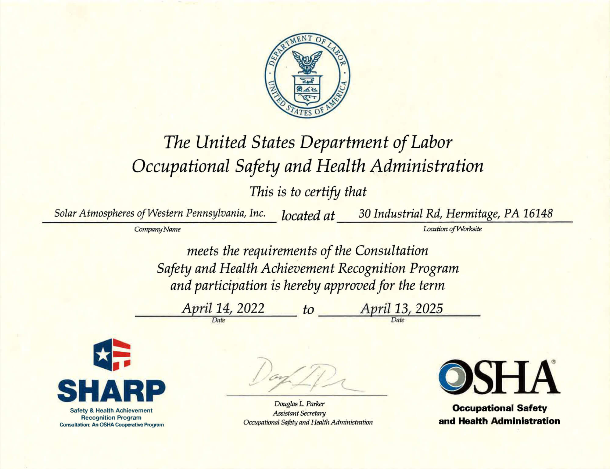 Solar Atmospheres of Western PA SHARP Certification